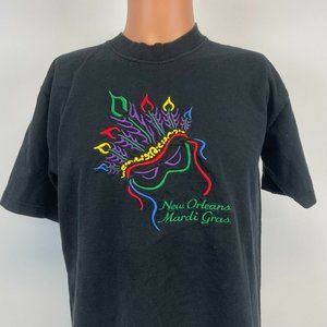 Mardi Gras Masquerade Mask Embroidered T Shirt Vintage 90s Made USA Black L